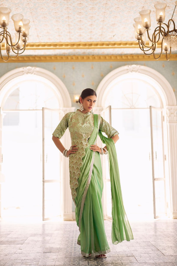 Wedding Wear Green Color Chinon With Embroidery Work Ready To Wear Saree