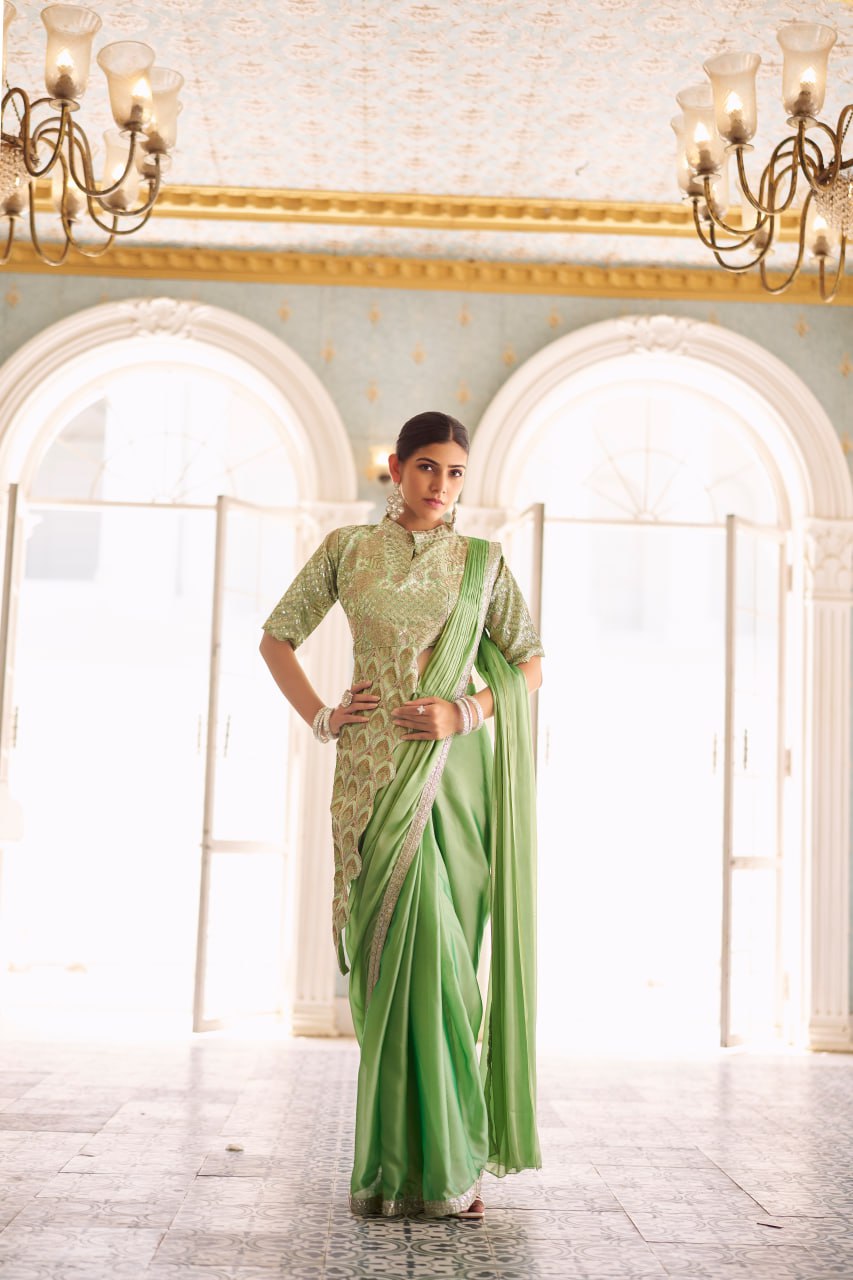 Wedding Wear Green Color Chinon With Embroidery Work Ready To Wear Saree