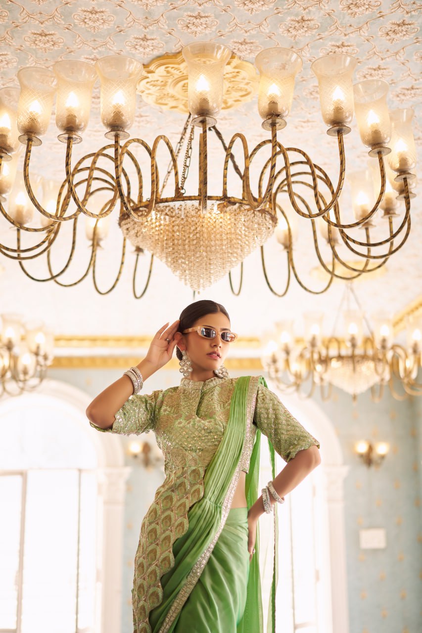 Wedding Wear Green Color Chinon With Embroidery Work Ready To Wear Saree