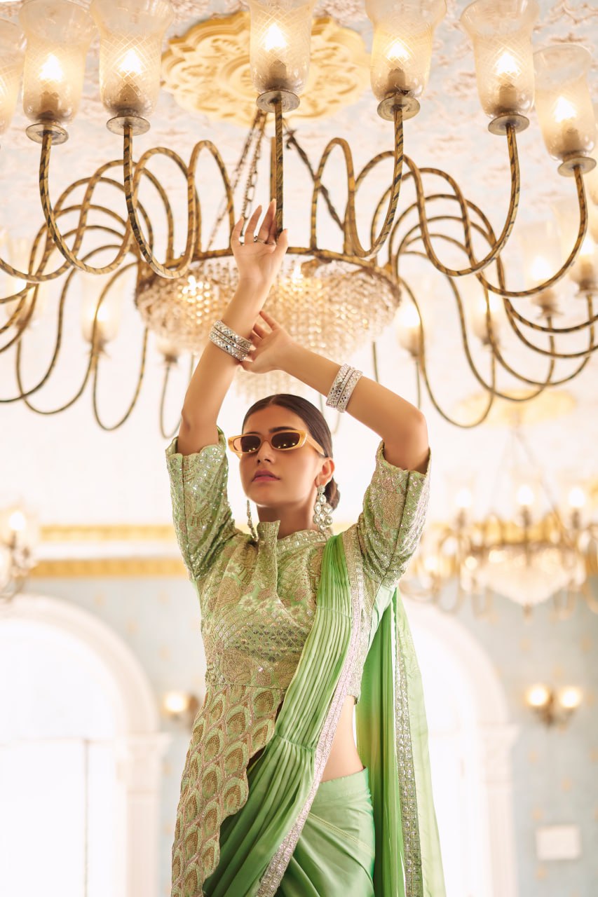 Wedding Wear Green Color Chinon With Embroidery Work Ready To Wear Saree