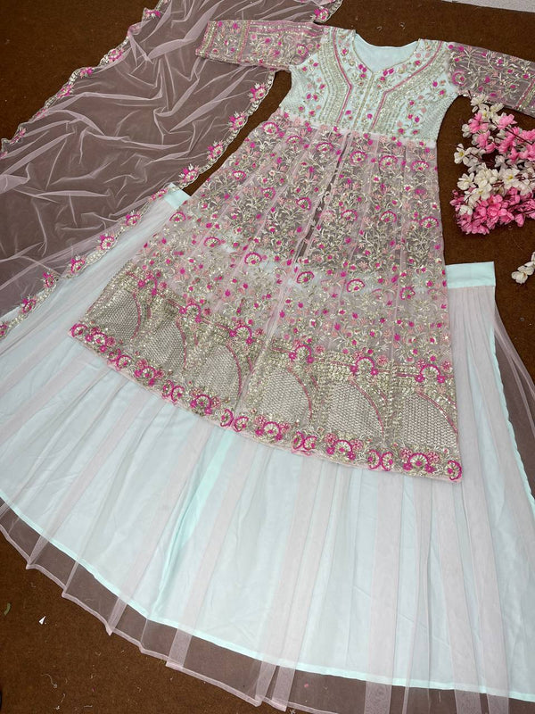 Presenting Peach And White Color Heavy Soft Net With Embroidery Sequence Work Top With Lehenga