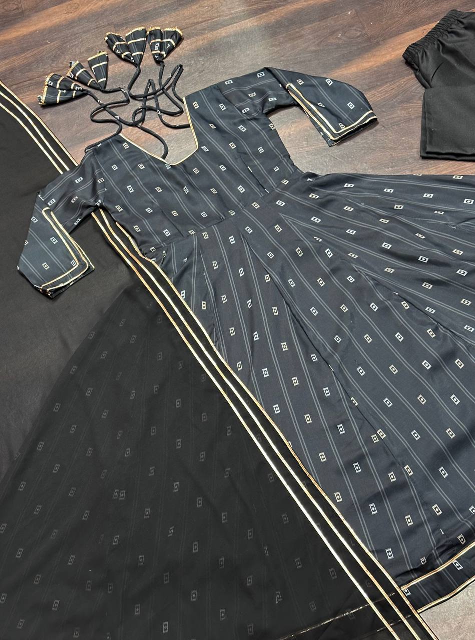 Luxury Black Color Maslin Fabric Digital Printed Work Anarkali Suit