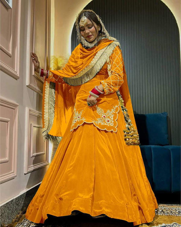 Blissful Yellow Color Natural Crepe Silk Bids Hand Work With 3mm Sequence With Embroidery And Zari Work Lehenga Suit