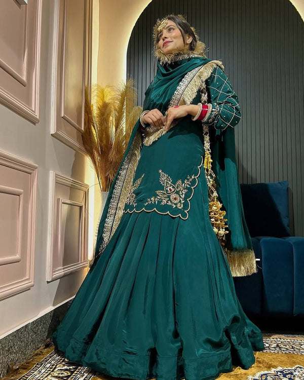 Unique Teal Green Natural Crepe Silk Bids Hand Work With 3mm Sequence With Embroidery And Zari Work Lehenga Suit