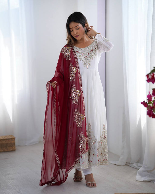 Reception Wear White Color Georgette With Multi Thread Embroidery Sequence Work Designer Gown