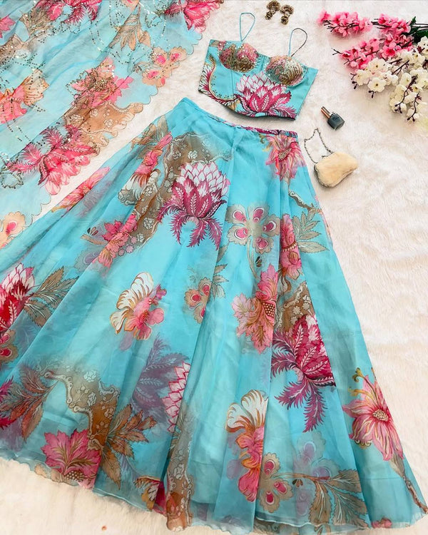 Sky Blue Color Premium Organza Designer Corset Lehenga Choli For Women