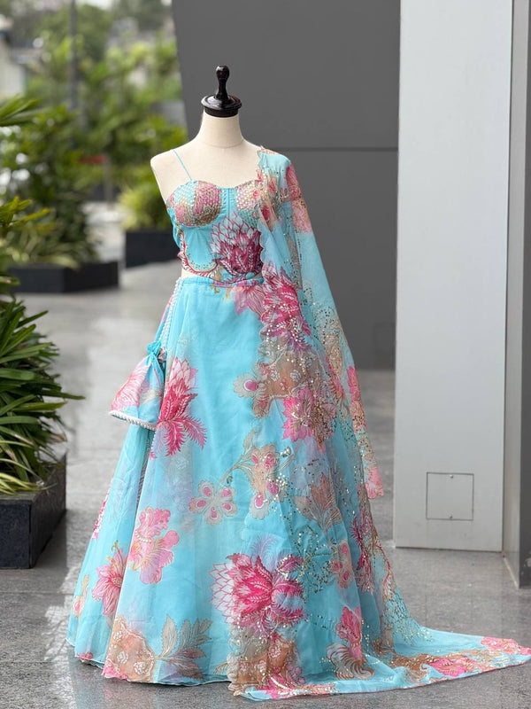Sky Blue Color Premium Organza Designer Corset Lehenga Choli