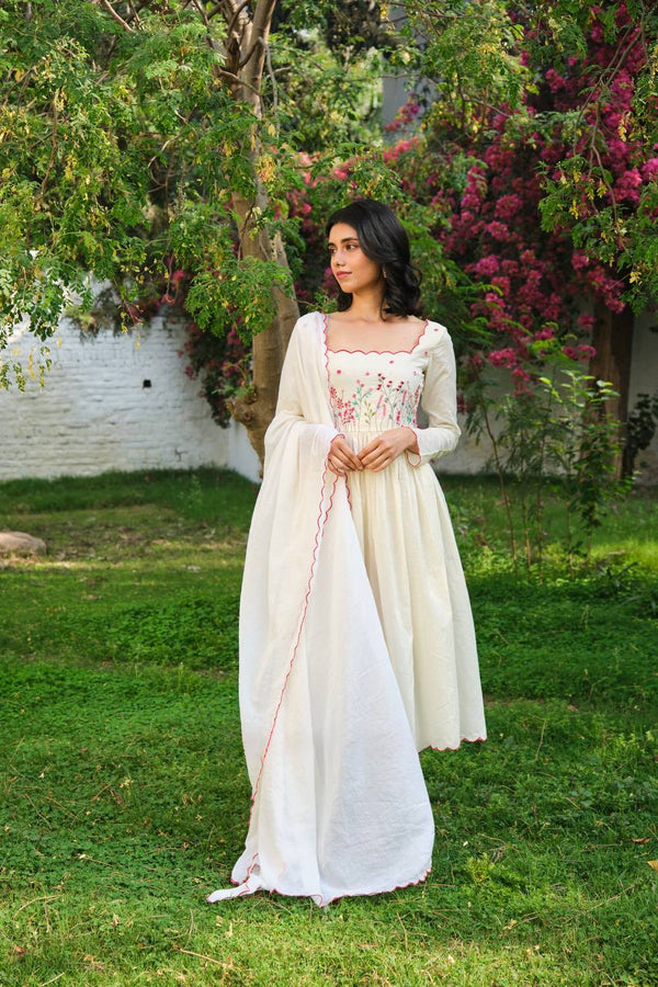Designer Off White Color Khadi Cotton Gown with Pant and Dupatta Set