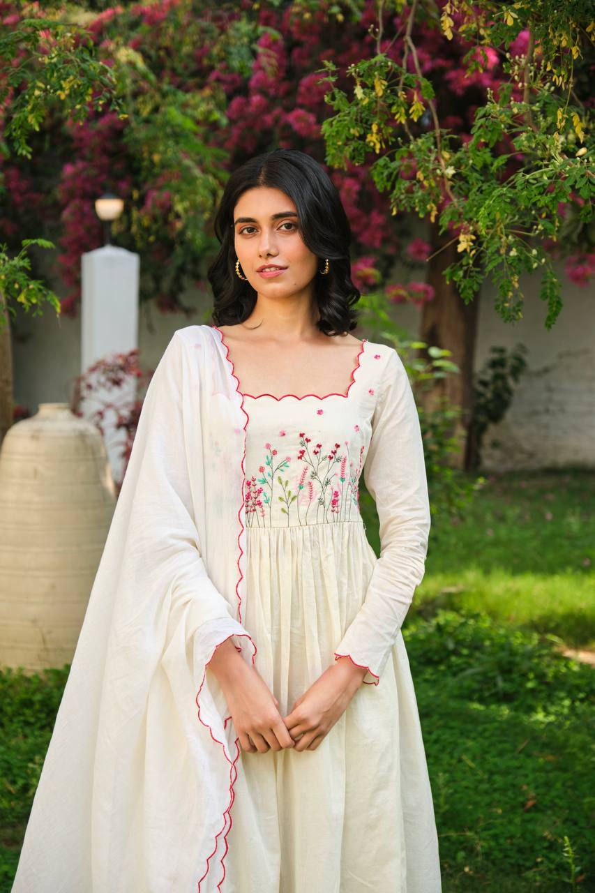 Designer Off White Color Khadi Cotton Gown with Pant and Dupatta Set