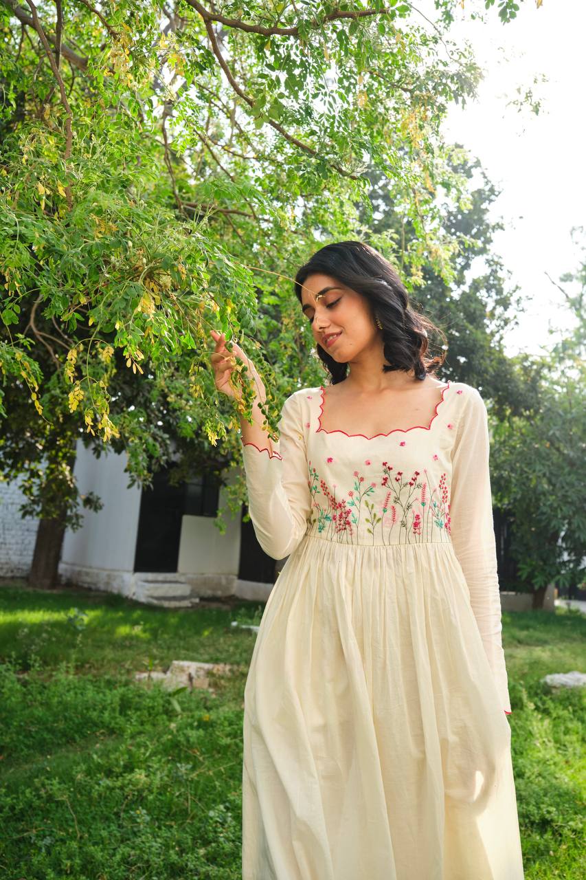 Designer Off White Color Khadi Cotton Gown with Pant and Dupatta Set