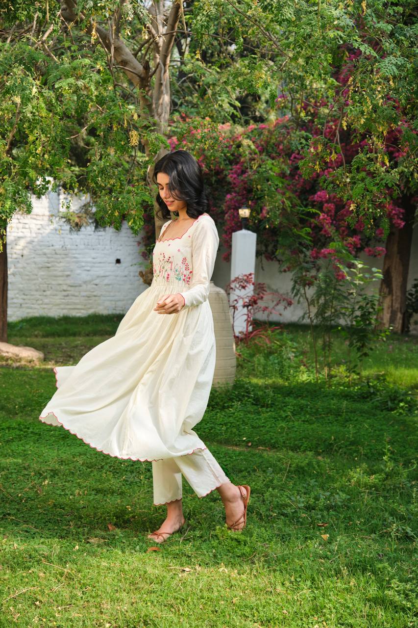 Designer Off White Color Khadi Cotton Gown with Pant and Dupatta Set