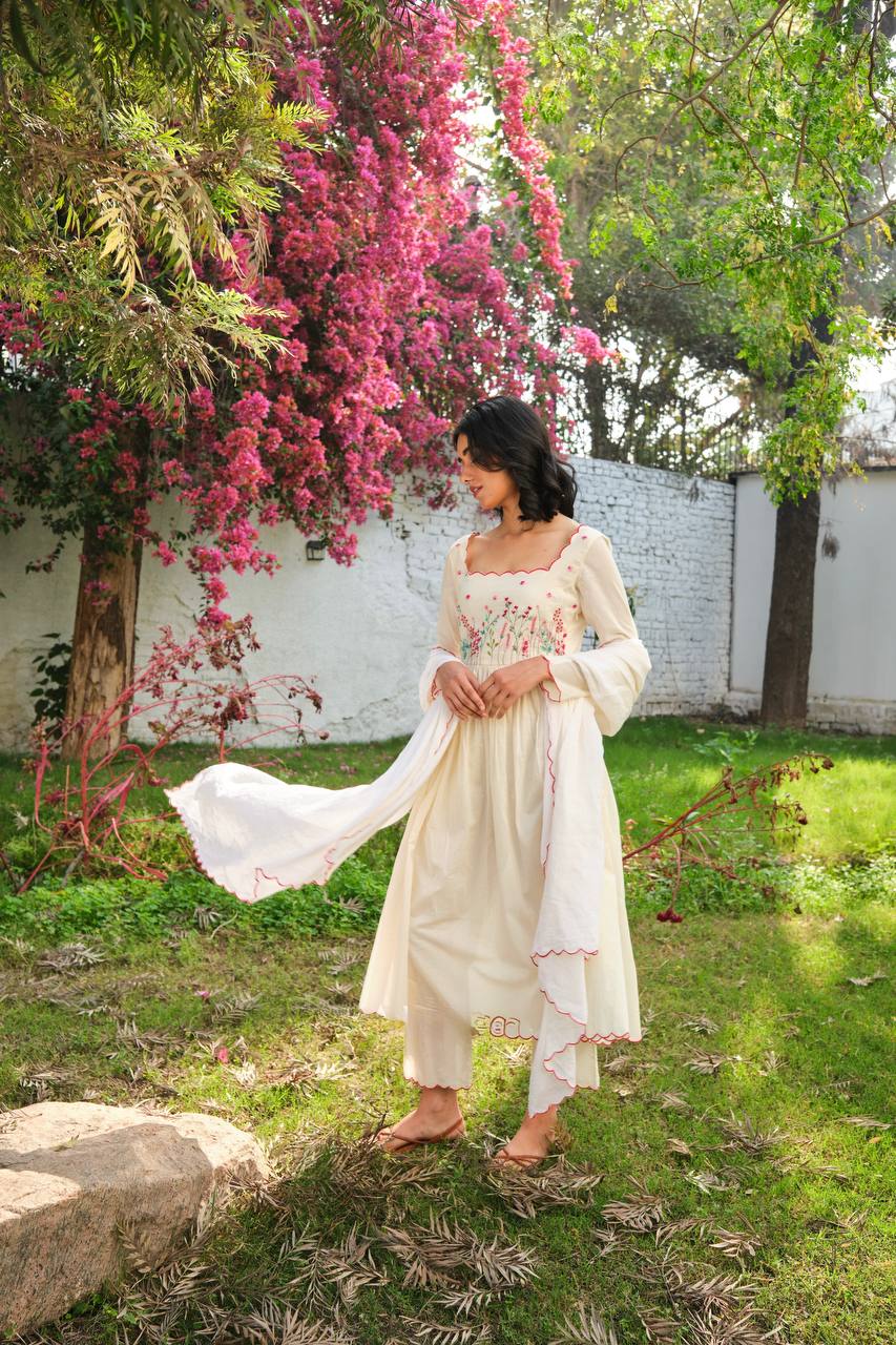 Designer Off White Color Khadi Cotton Gown with Pant and Dupatta Set