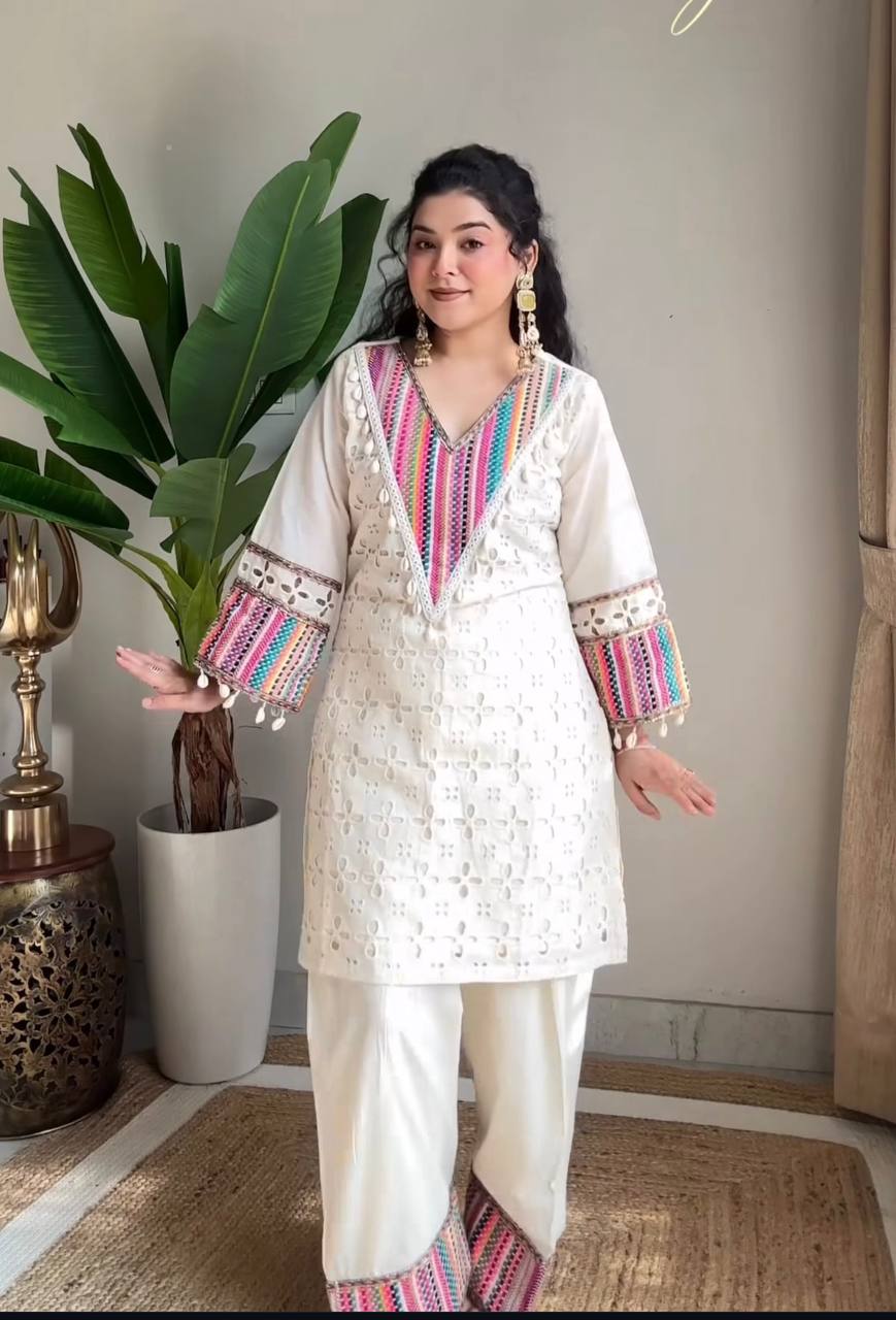 Casual Wear Off White Khadi Cotton With Thread Work Designer Co-Ord Set