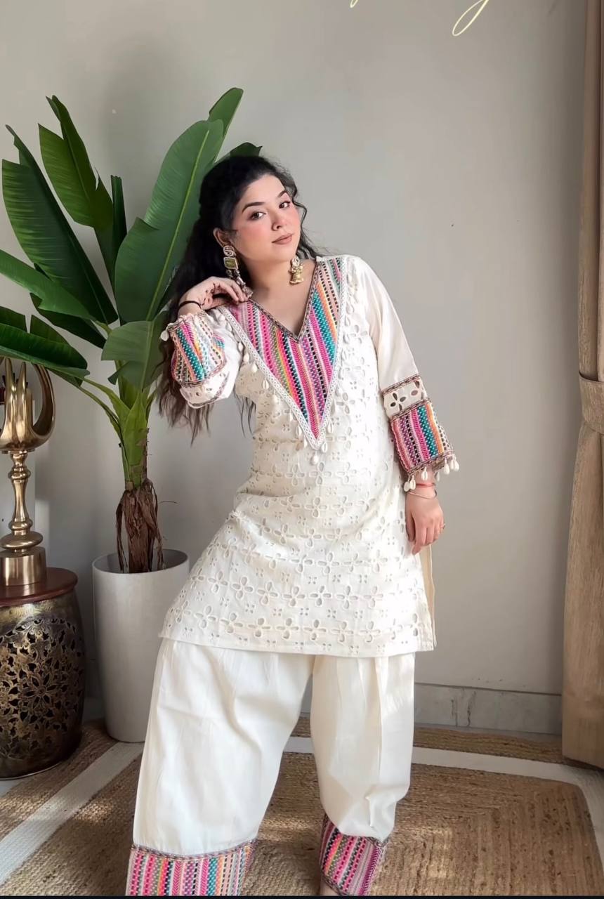 Casual Wear Off White Khadi Cotton With Thread Work Designer Co-Ord Set
