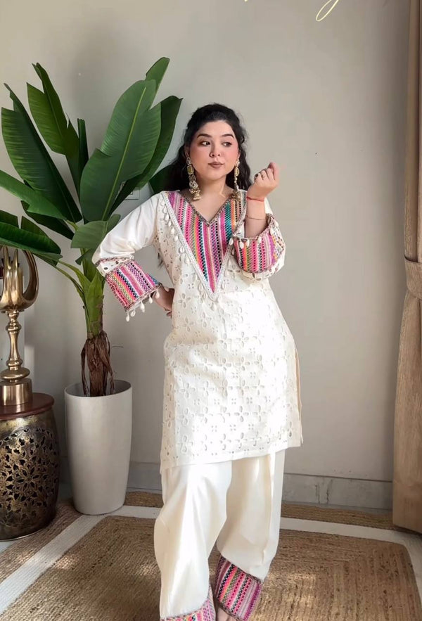 Casual Wear Off White Khadi Cotton With Thread Work Designer Co-Ord Set