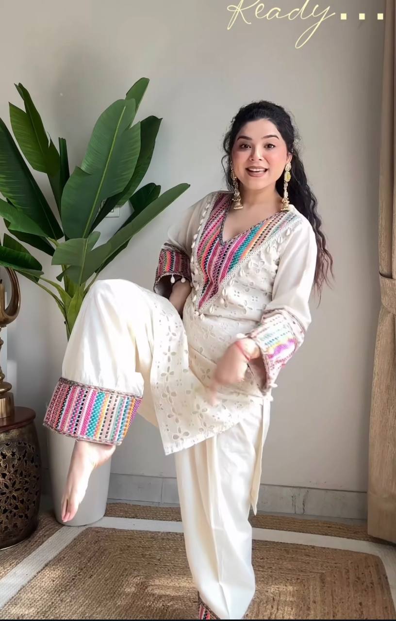 Casual Wear Off White Khadi Cotton With Thread Work Designer Co-Ord Set
