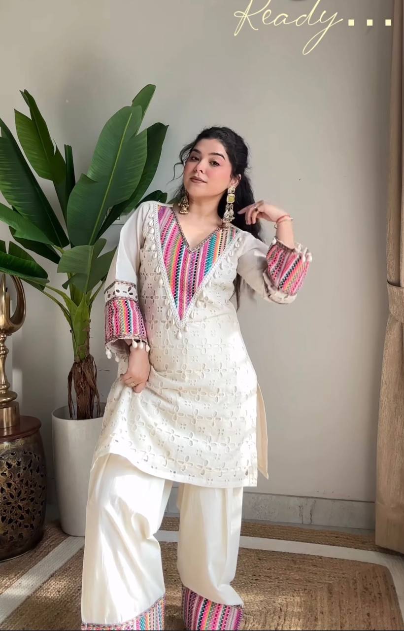Casual Wear Off White Khadi Cotton With Thread Work Designer Co-Ord Set