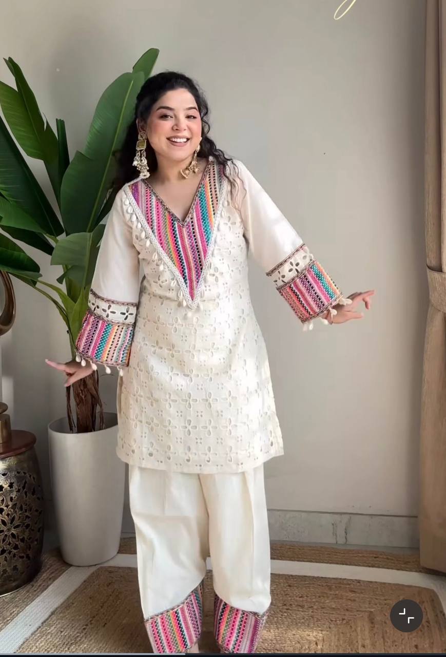 Casual Wear Off White Khadi Cotton With Thread Work Designer Co-Ord Set