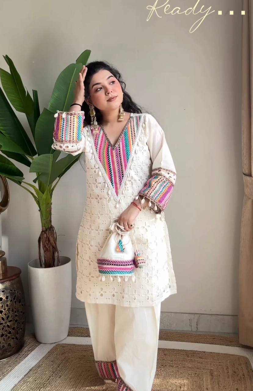 Casual Wear Off White Khadi Cotton With Thread Work Designer Co-Ord Set