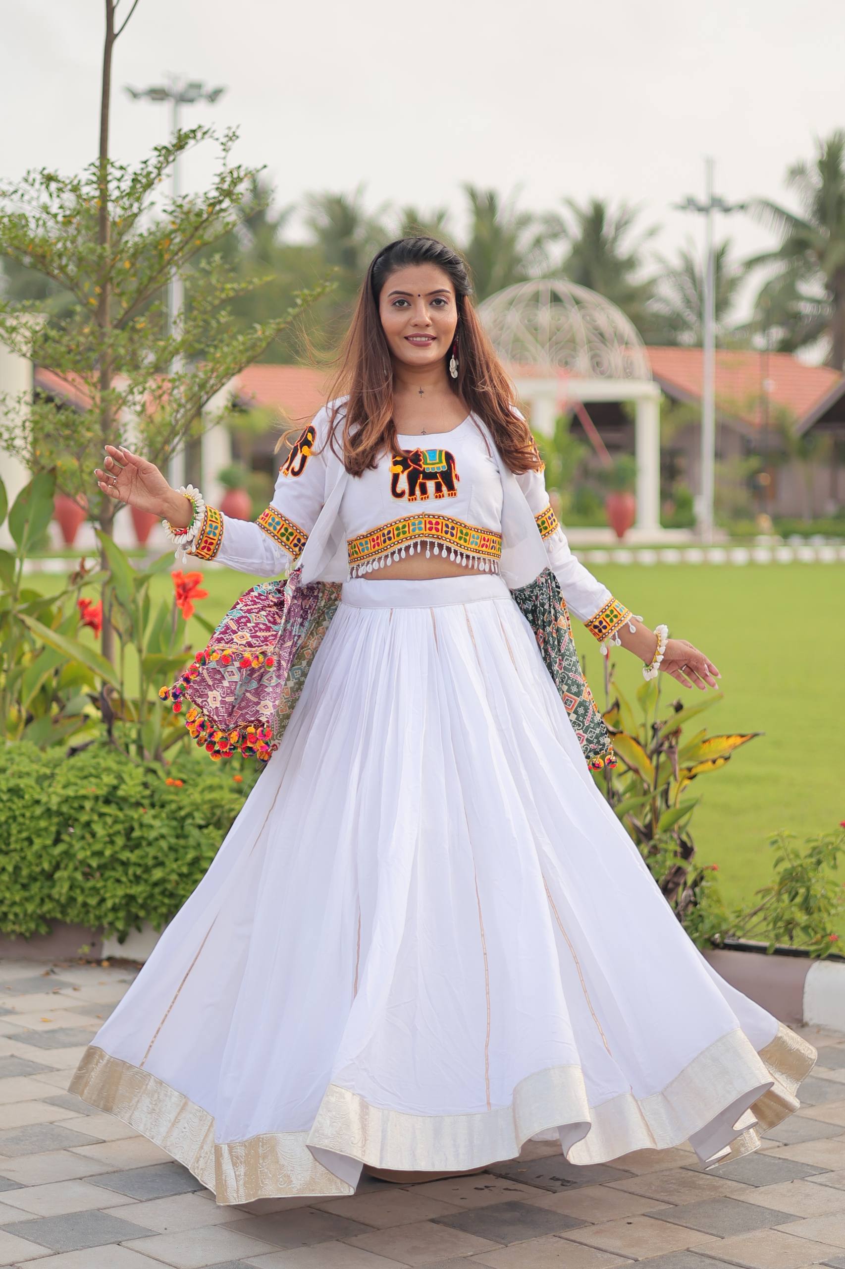 Traditional Wear White Gamathi Work Ready TO Wear Lehenga Choli With Koti