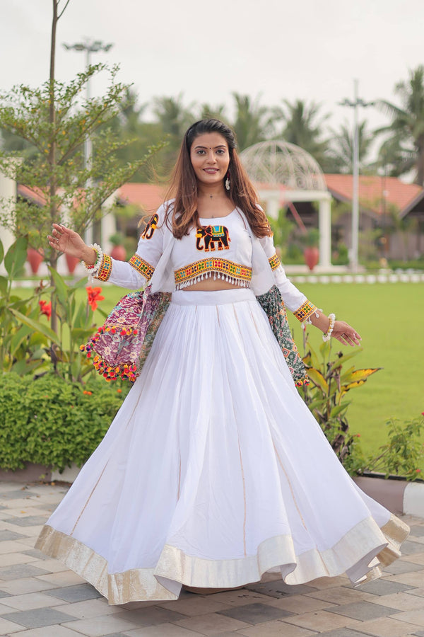 Traditional Wear White Gamathi Work Ready TO Wear Lehenga Choli With Koti
