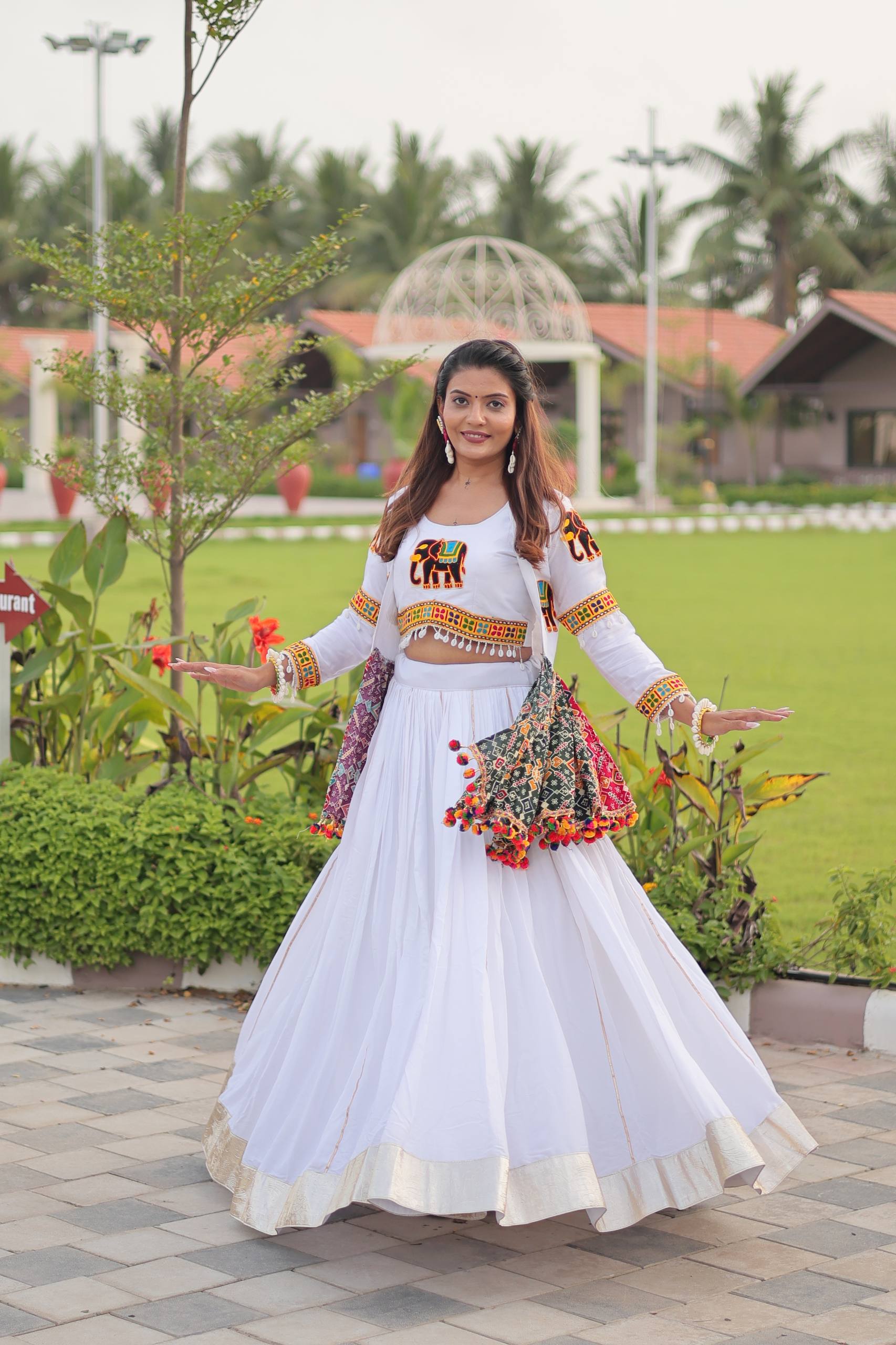 Traditional Wear White Gamathi Work Ready TO Wear Lehenga Choli With Koti