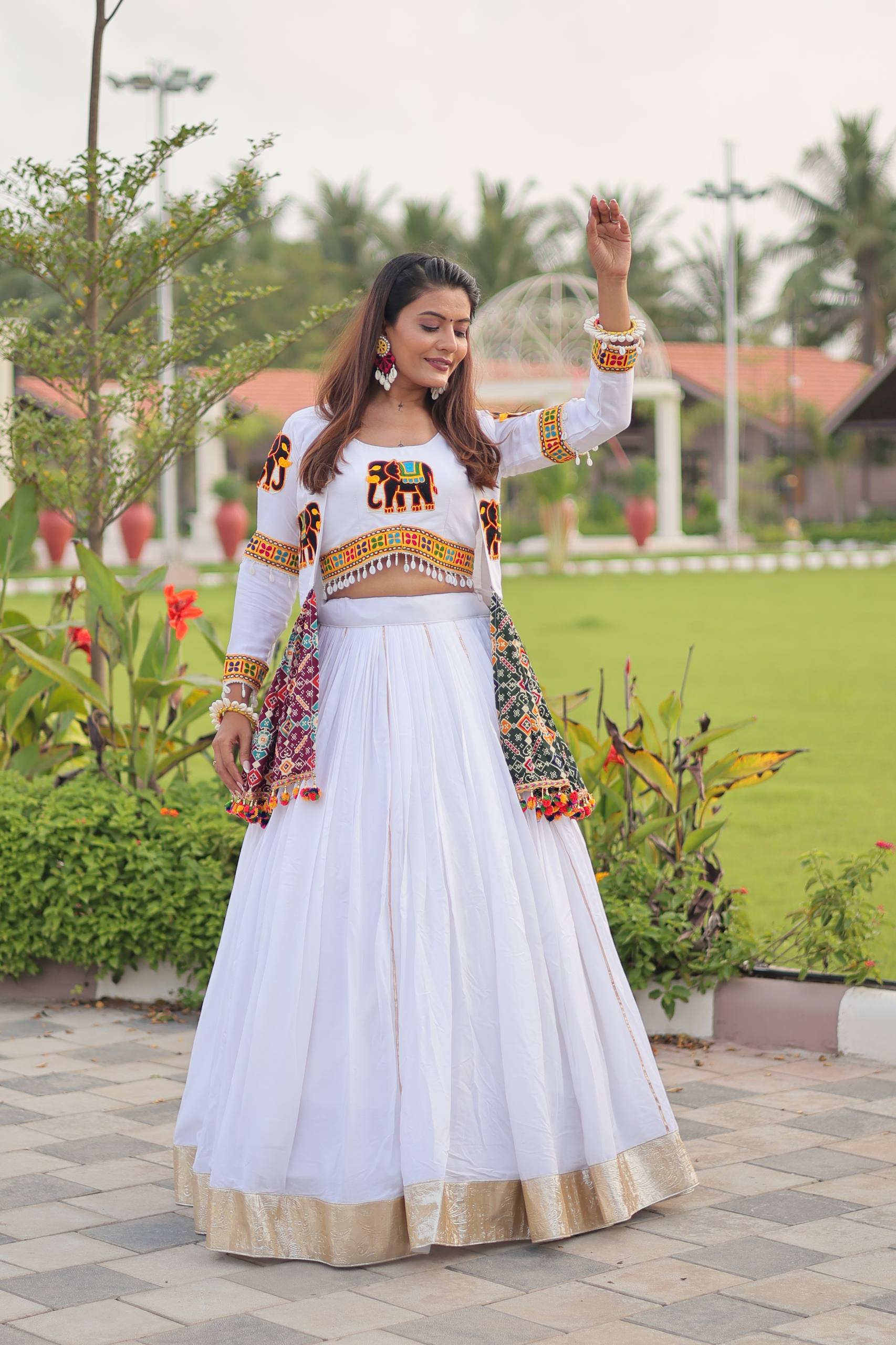 Traditional Wear White Gamathi Work Ready TO Wear Lehenga Choli With Koti