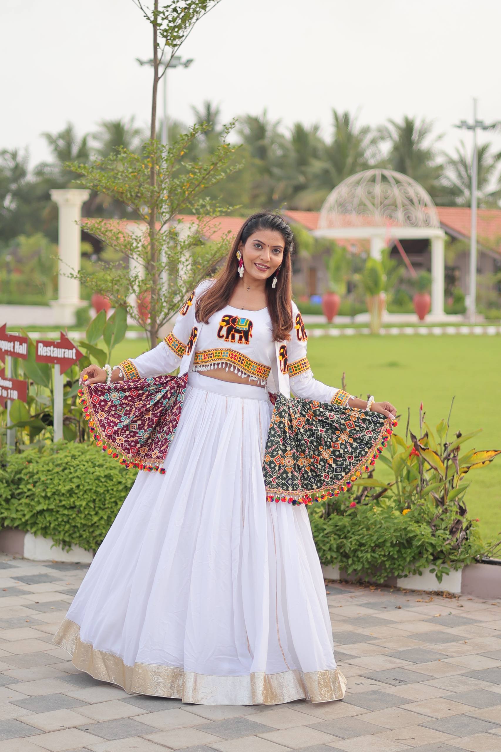 Traditional Wear White Gamathi Work Ready TO Wear Lehenga Choli With Koti
