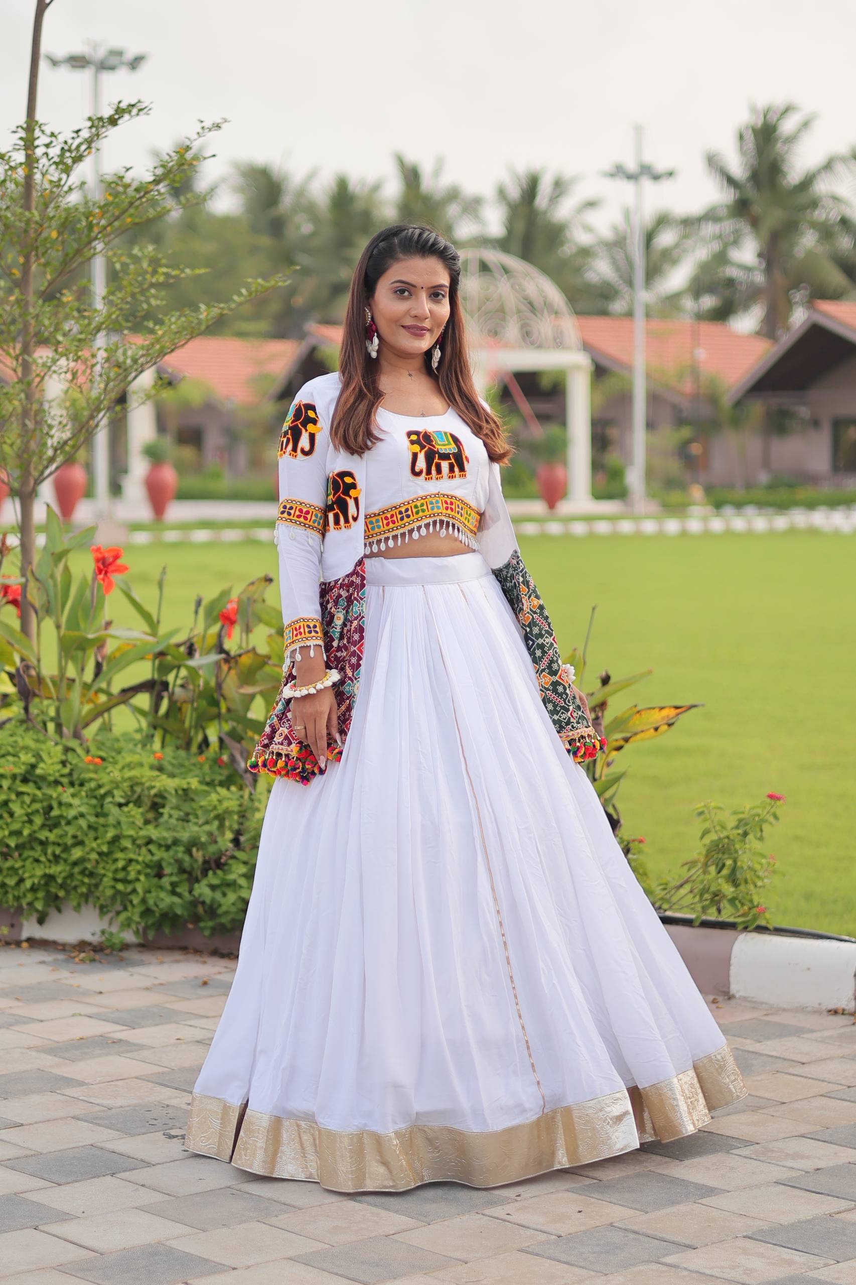 Traditional Wear White Gamathi Work Ready TO Wear Lehenga Choli With Koti