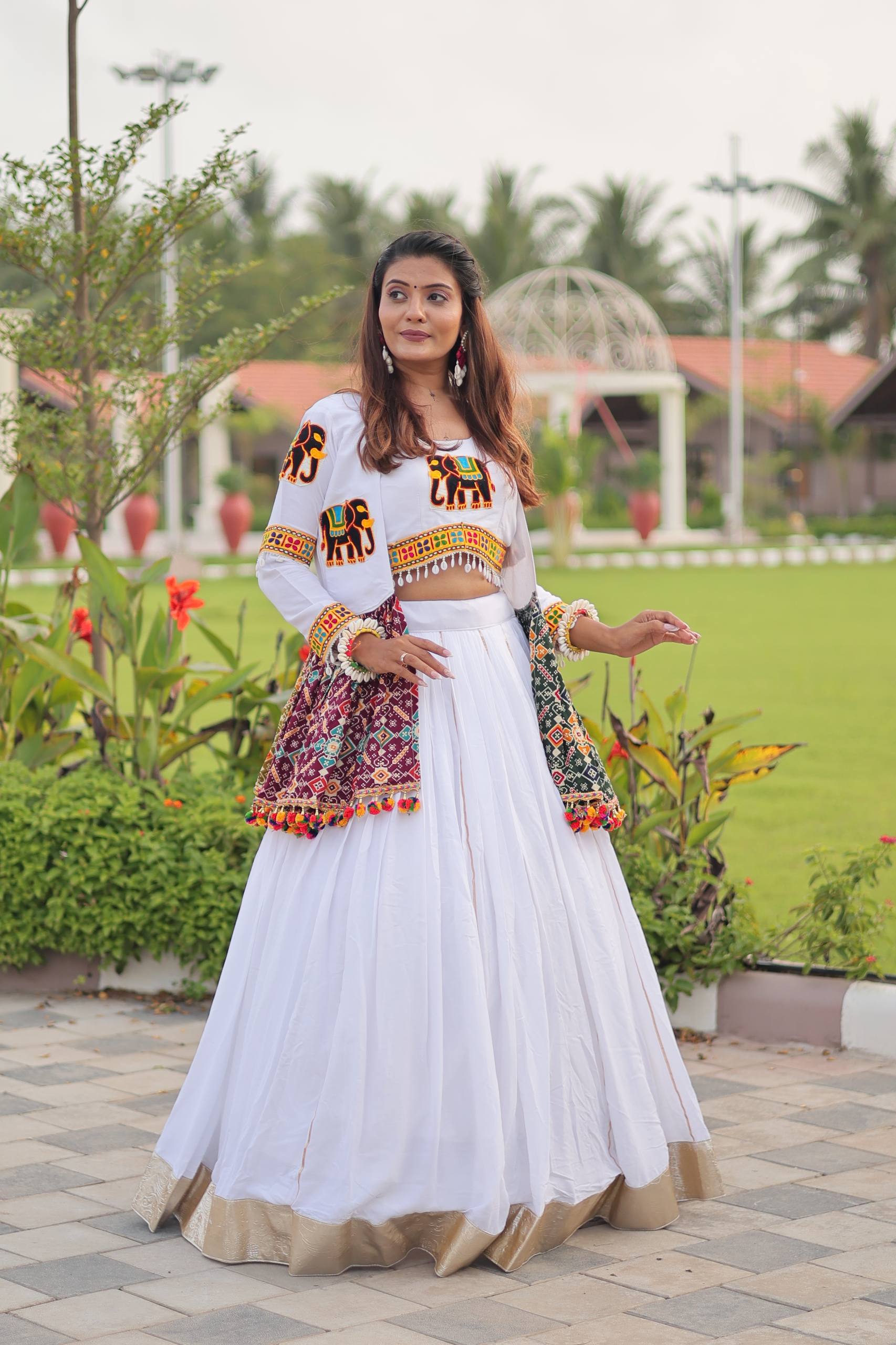 Traditional Wear White Gamathi Work Ready TO Wear Lehenga Choli With Koti