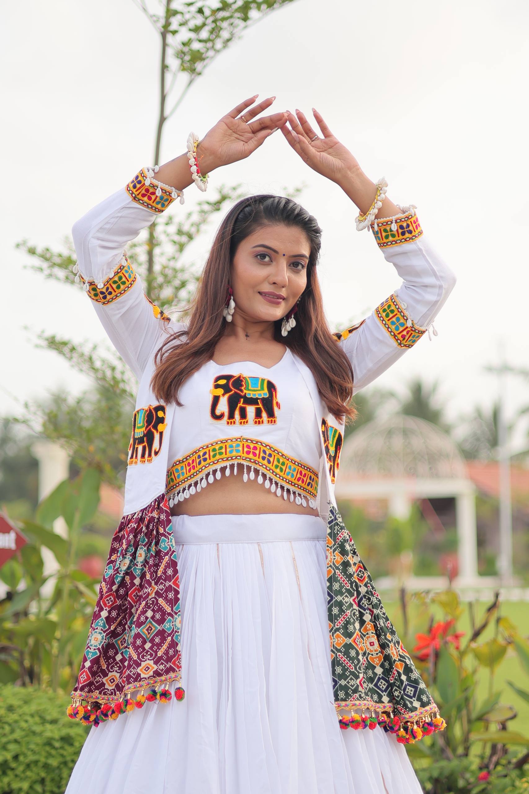 Traditional Wear White Gamathi Work Ready TO Wear Lehenga Choli With Koti