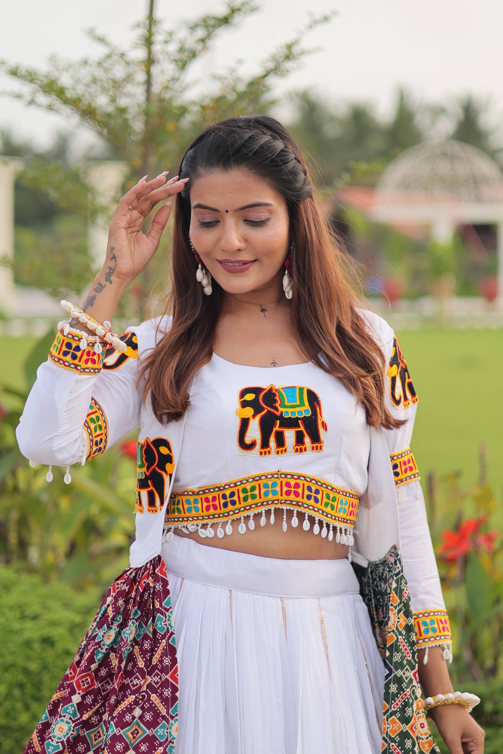 Traditional Wear White Gamathi Work Ready TO Wear Lehenga Choli With Koti