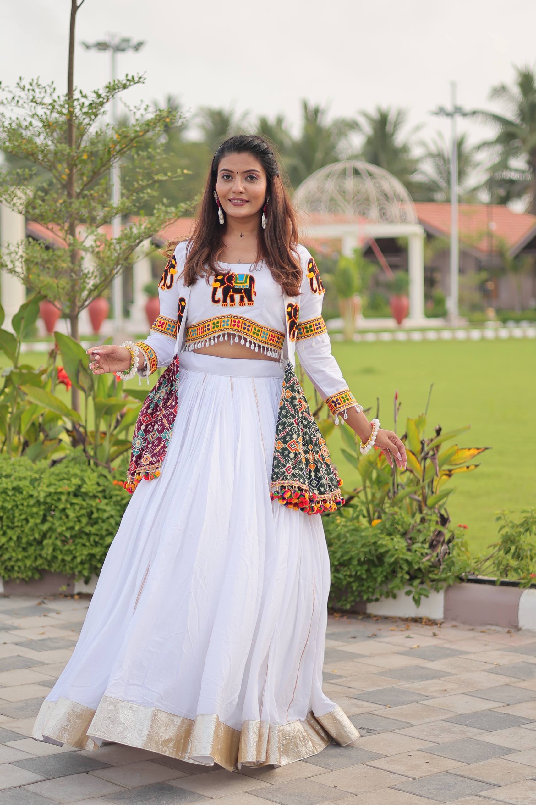 Traditional Wear White Gamathi Work Ready TO Wear Lehenga Choli With Koti