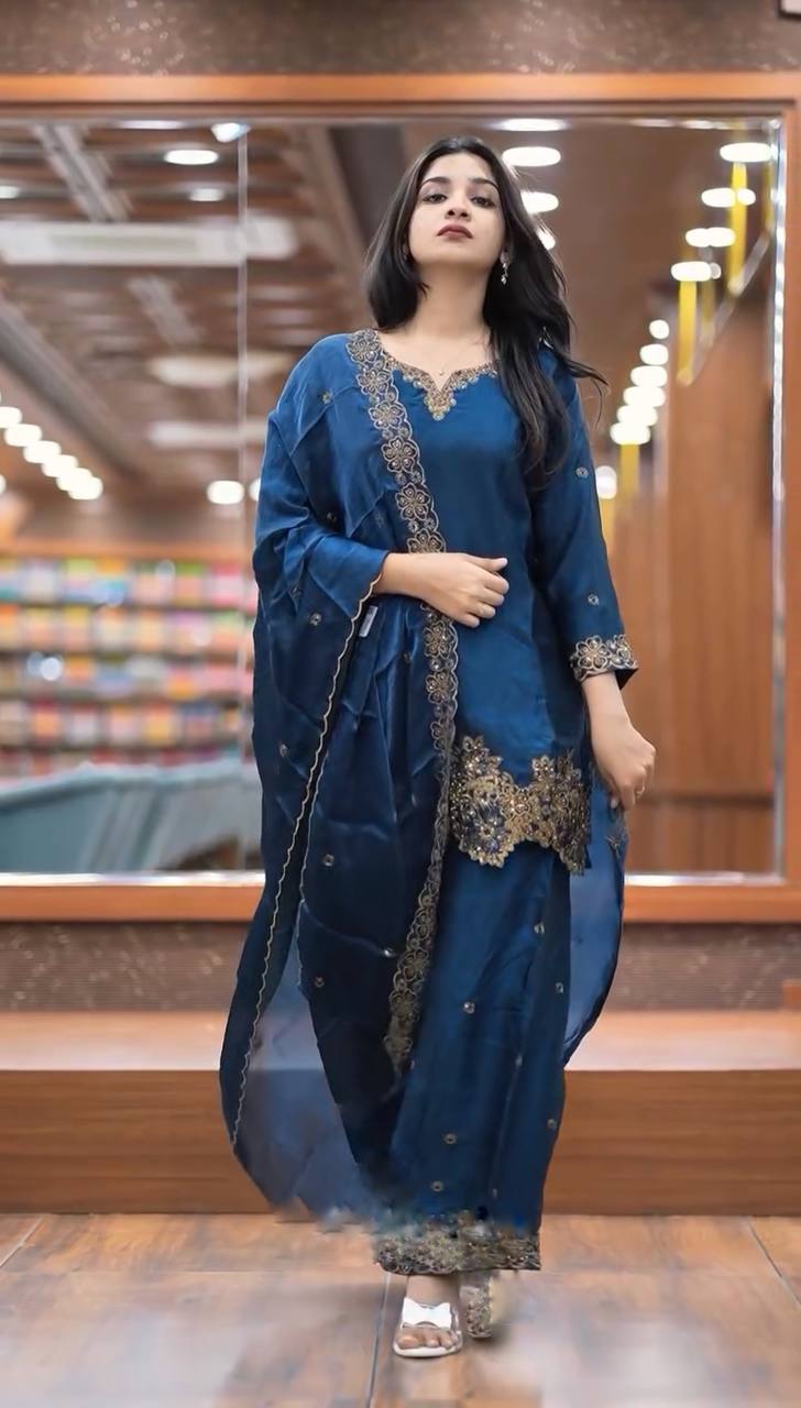 Elegant Teal Color Jimmy Choo Silk With Heavy Embroidery Sequence Work Palazzo Suit