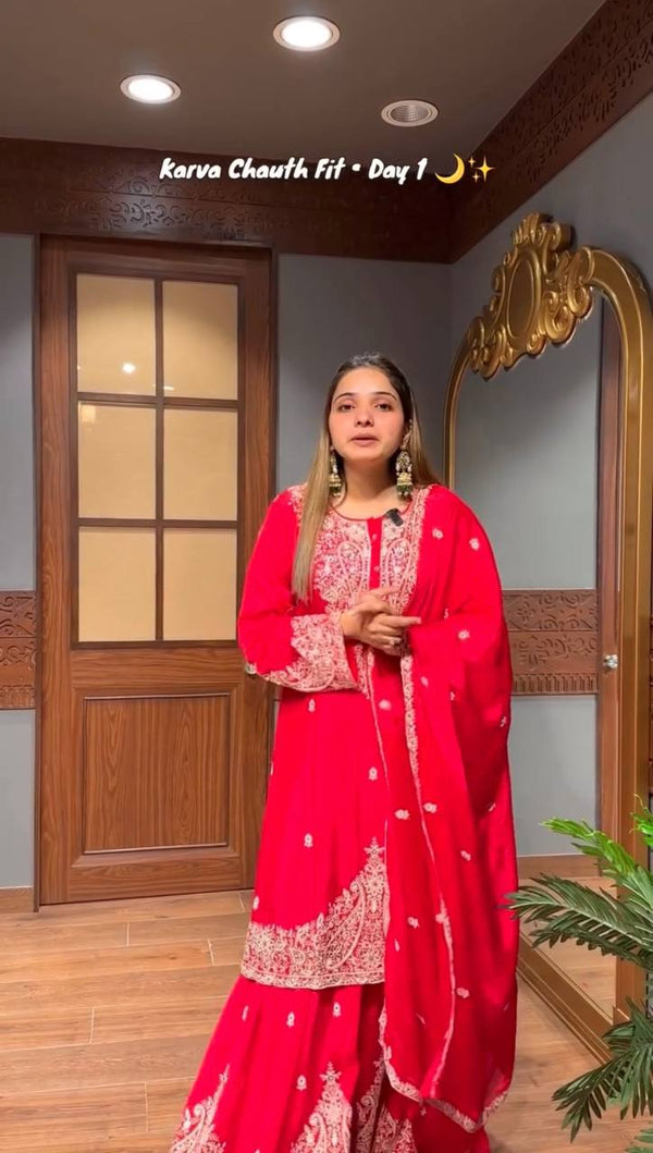Festive Wear Red Color  Embroidered Fully Stitched Sharara Suit