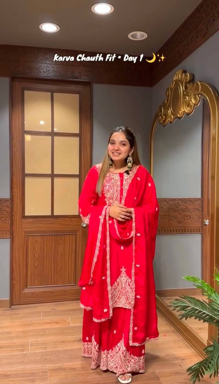 Festive Wear Red Color  Embroidered Fully Stitched Sharara Suit