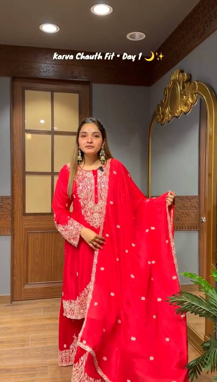 Festive Wear Red Color  Embroidered Fully Stitched Sharara Suit