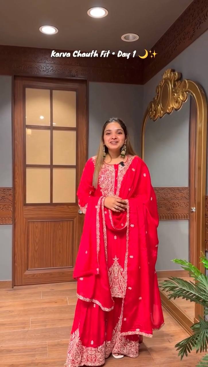 Festive Wear Red Color  Embroidered Fully Stitched Sharara Suit