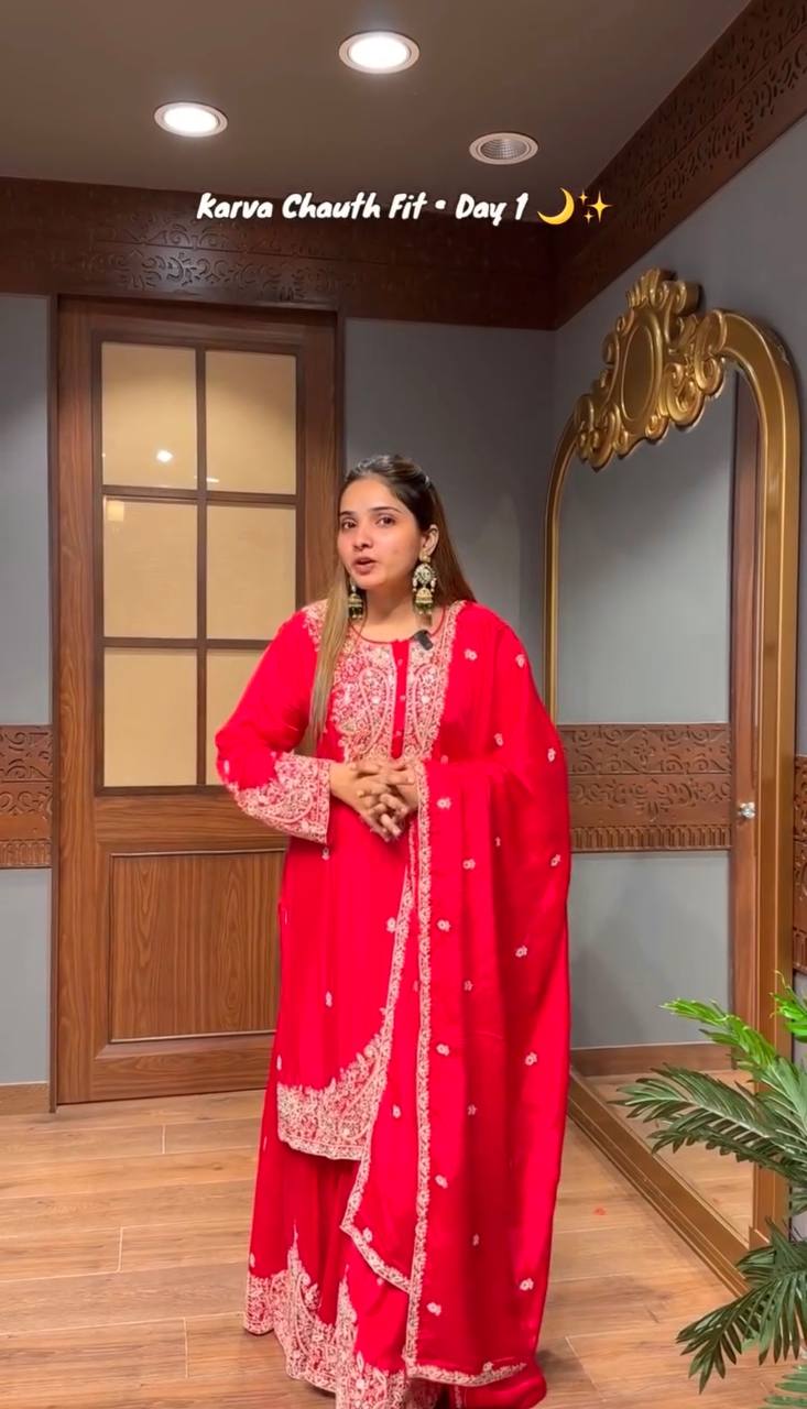 Festive Wear Red Color  Embroidered Fully Stitched Sharara Suit