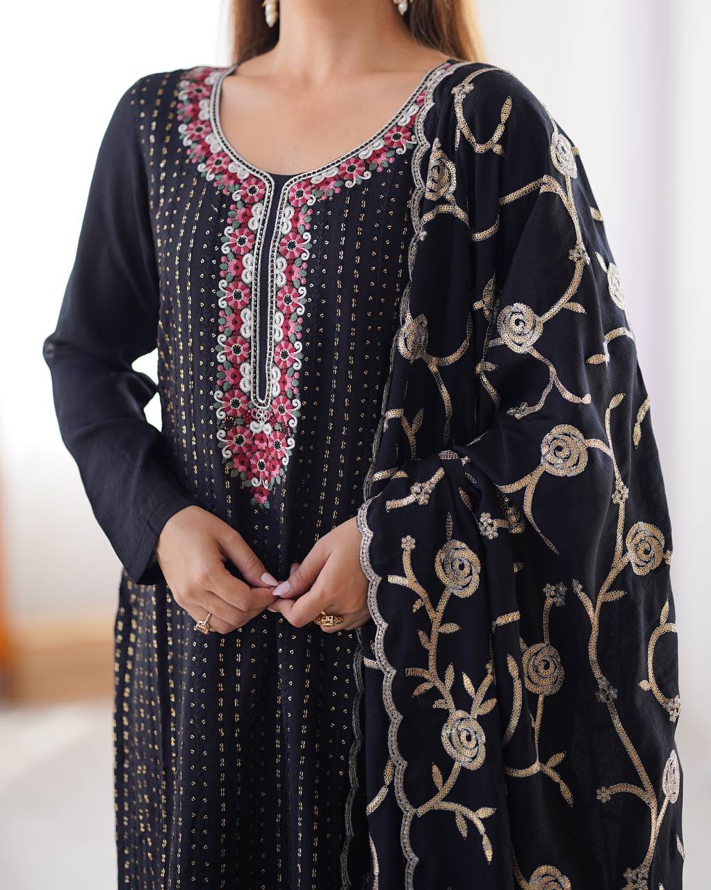 Luxuriant Black Color Chinon Silk Thread With Sequence Work Salwar Suit