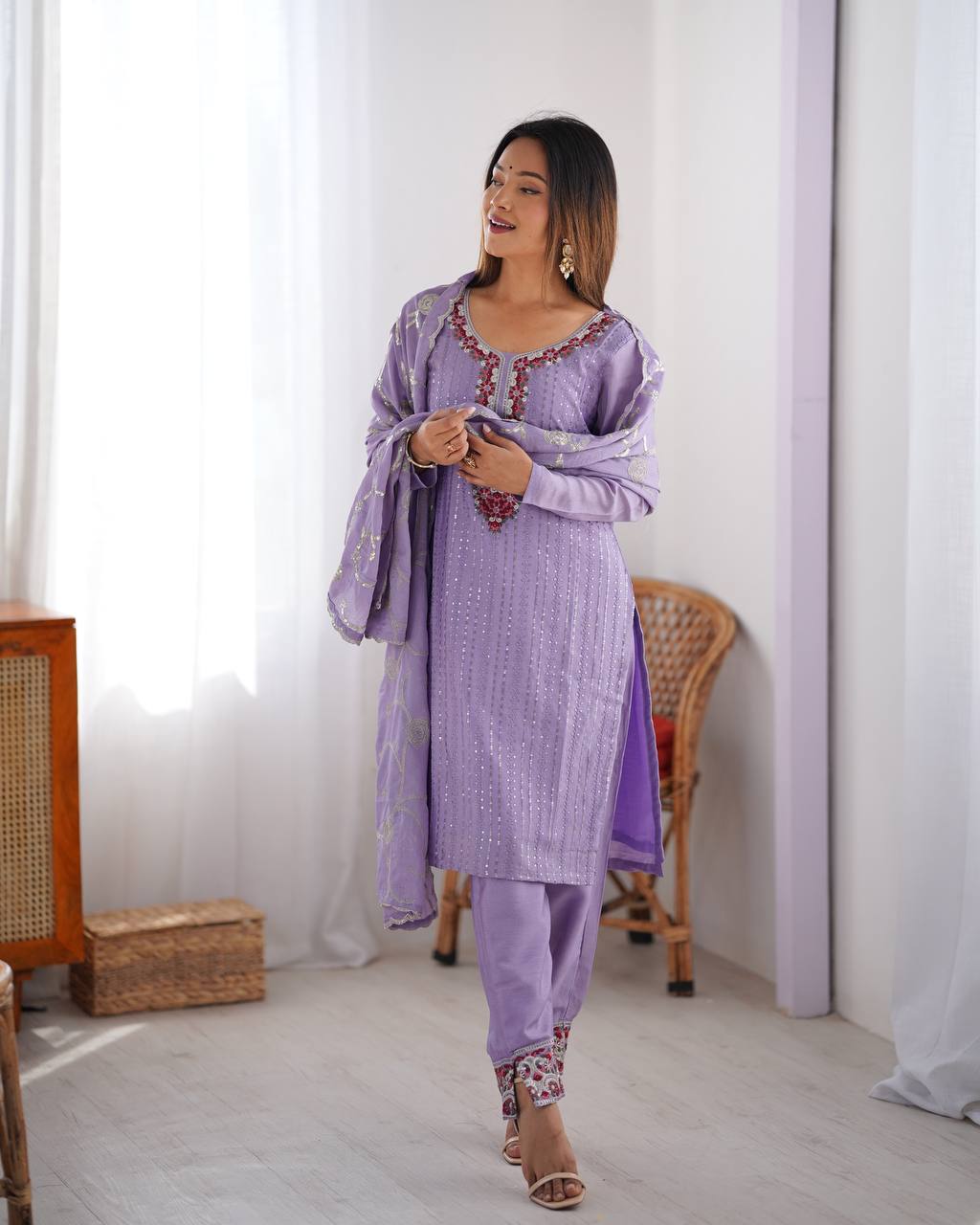Luxuriant Lavender Color Chinon Silk Thread With Sequence Work Salwar Suit
