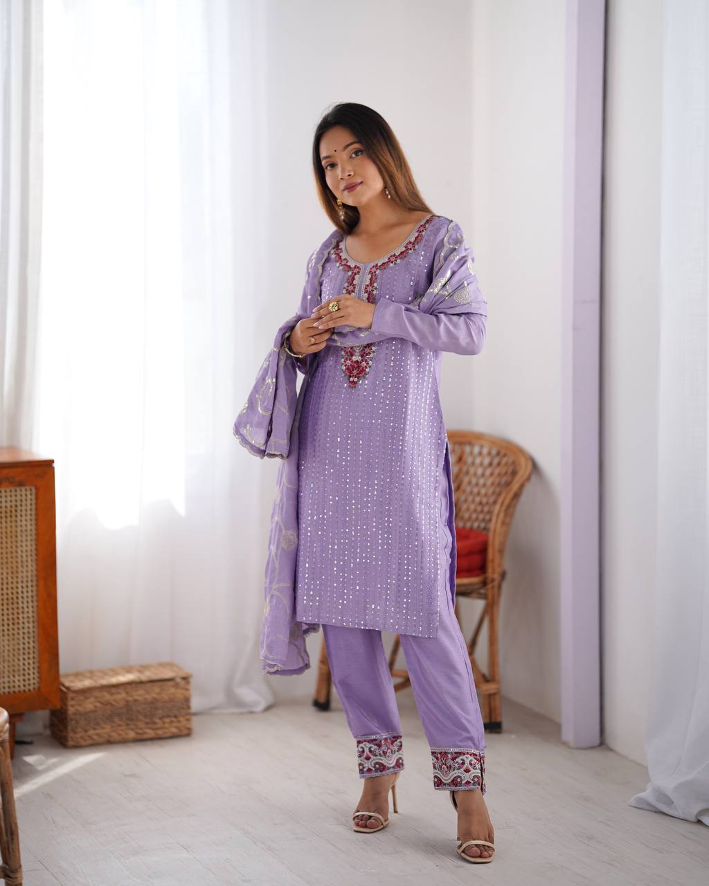 Luxuriant Lavender Color Chinon Silk Thread With Sequence Work Salwar Suit
