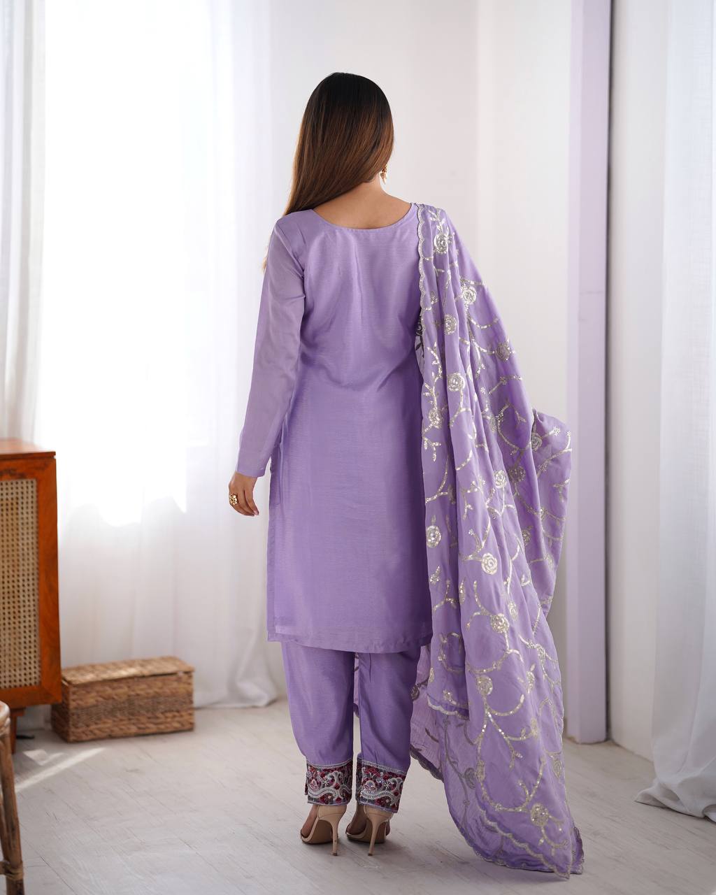 Luxuriant Lavender Color Chinon Silk Thread With Sequence Work Salwar Suit