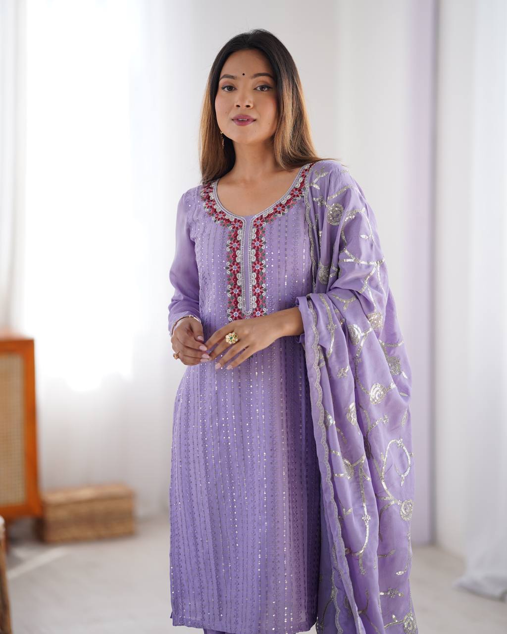 Luxuriant Lavender Color Chinon Silk Thread With Sequence Work Salwar Suit