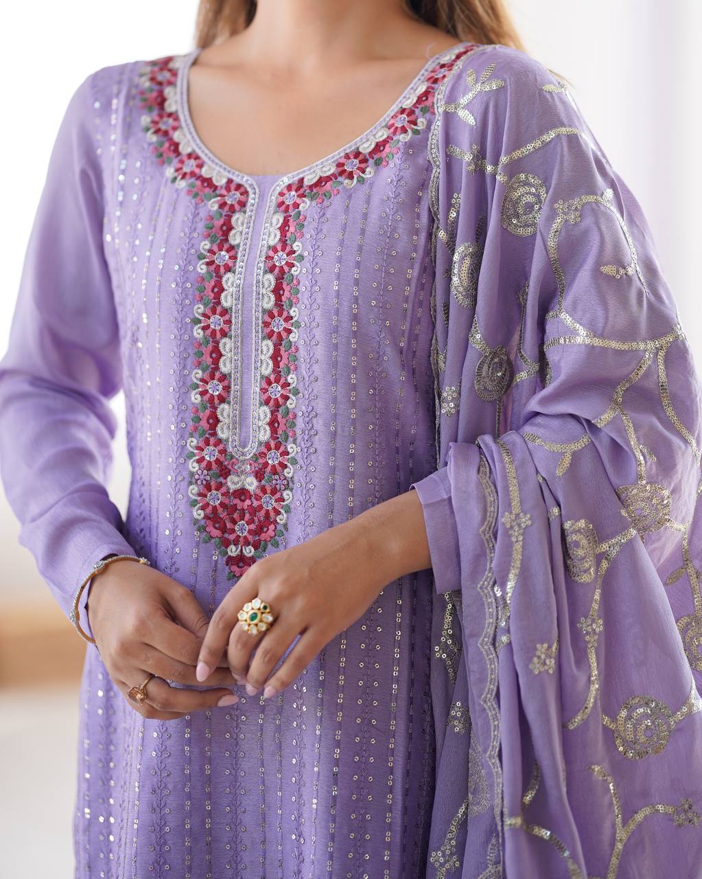 Luxuriant Lavender Color Chinon Silk Thread With Sequence Work Salwar Suit