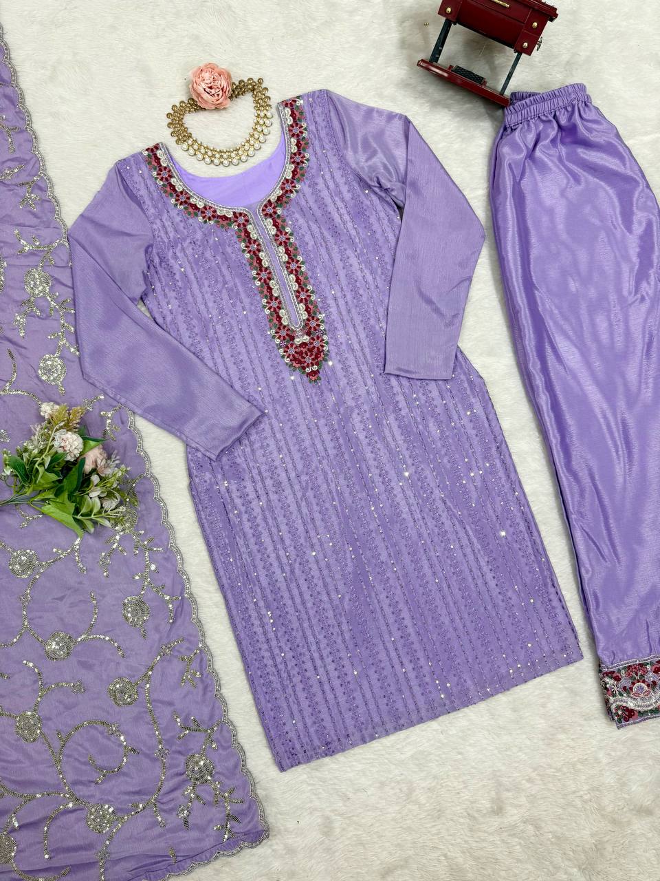 Luxuriant Lavender Color Chinon Silk Thread With Sequence Work Salwar Suit