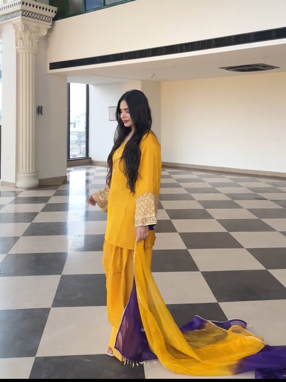 Wedding Wear Yellow Color Embroidered Sequence Work Designer Palazzo Suit