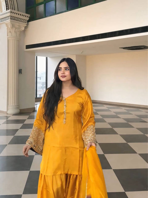 Wedding Wear Yellow Color Embroidered Sequence Work Designer Palazzo Suit