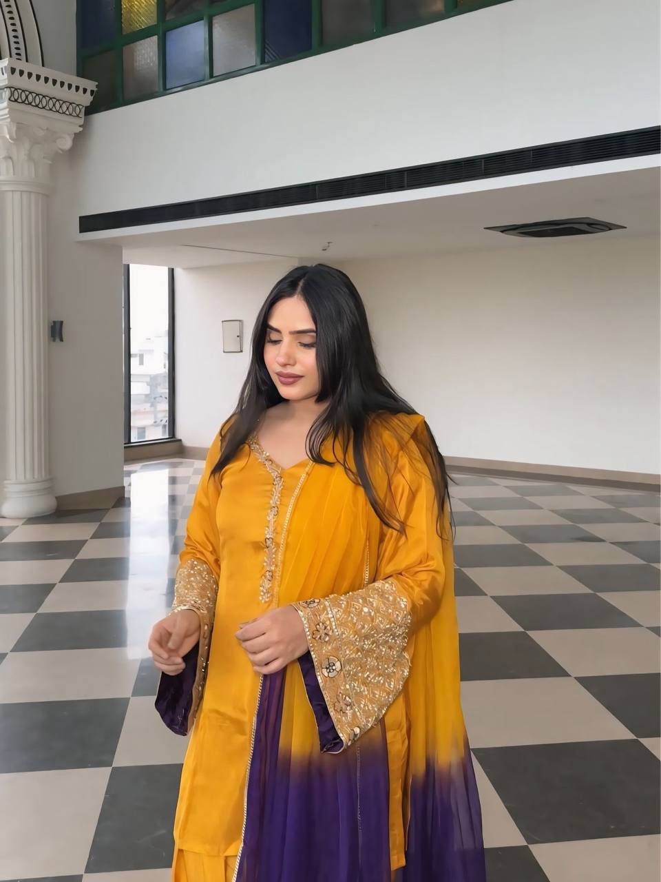 Wedding Wear Yellow Color Embroidered Sequence Work Designer Palazzo Suit