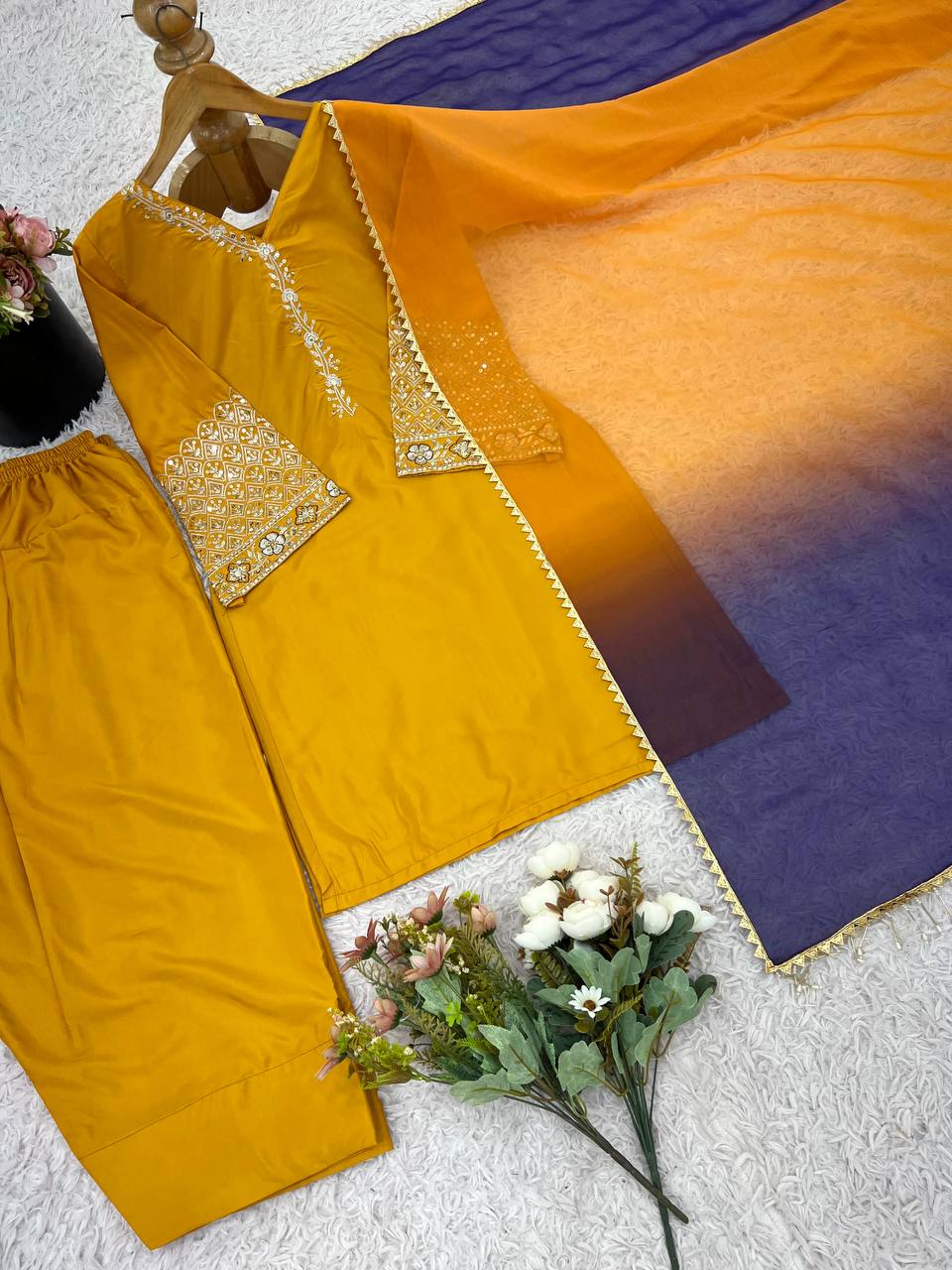 Wedding Wear Yellow Color Embroidered Sequence Work Designer Palazzo Suit